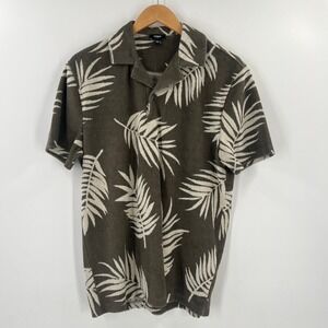 Express Terry Cloth Polo S Olive Green Palm Leaf Print Relaxed Fit Retro Resort